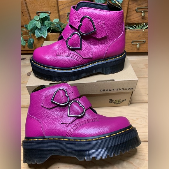 Dr. Martens ‘Devan Heart’ Magenta Milled Nappa Leather Platform Boots - Picture 7 of 9